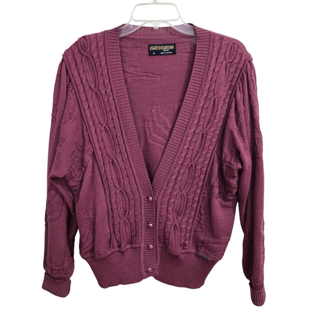 Vintage Geiger‎ Pure Wool Cable Knit Cardigan Size 38/6 Burgundy Floral Back EUC